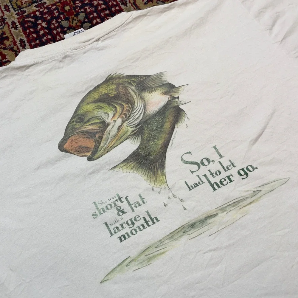 VTG 90s Aussie T Company Fishing Bass Tee Short Fat Big Mouth Funny Shirt L USA